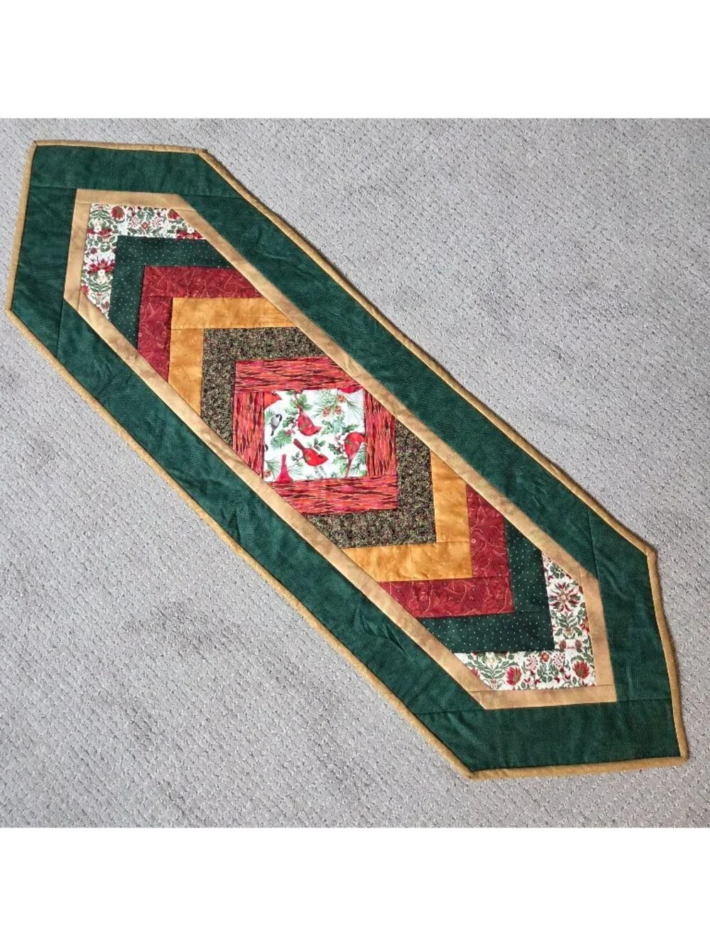 Handmade Quilted Christmas Table Runner Green Red Gold Cardinal Holly 52